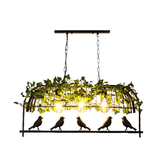 Industrial Birdcage Island Ceiling Light With Plant Decoration 3 Black Metal Hanging Lights