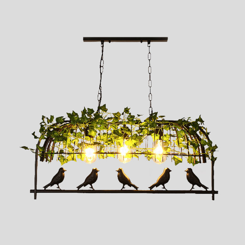 Industrial Birdcage Island Ceiling Light With Plant Decoration 3 Black Metal Hanging Lights