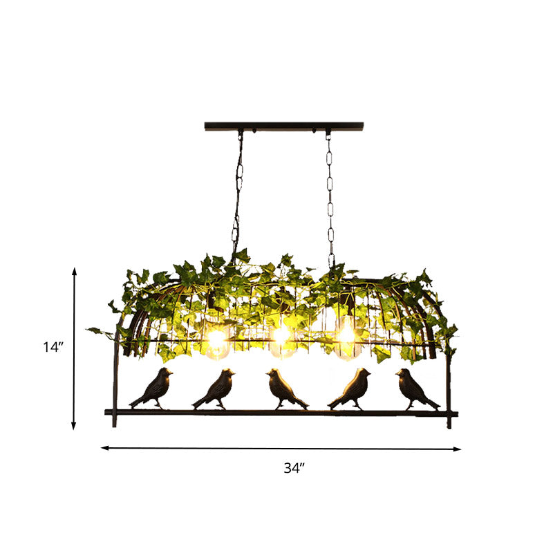 Industrial Birdcage Island Ceiling Light With Plant Decoration 3 Black Metal Hanging Lights