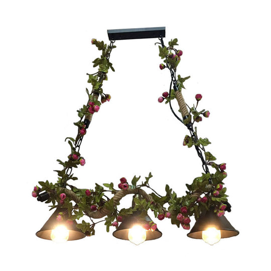 Metal Island Pendant Vintage Black Cone Shape With Plant Decoration - Ideal For Restaurants