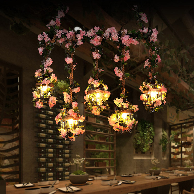 Antique Metal Island Chandelier With 5 Pink Heads - Restaurant Ceiling Light Cherry Blossom/Rose