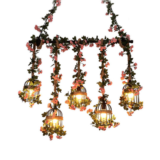 Antique Metal Island Chandelier With 5 Pink Heads - Restaurant Ceiling Light Cherry Blossom/Rose