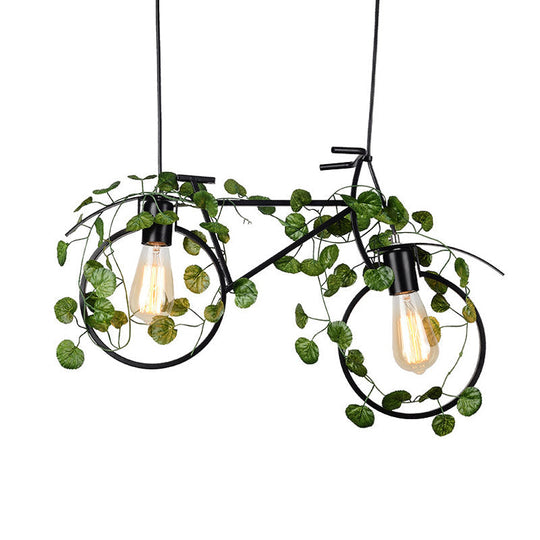 Retro Metal Bicycle Restaurant Ceiling Light With 2 Black Drop Lamp Heads And Plant Decor