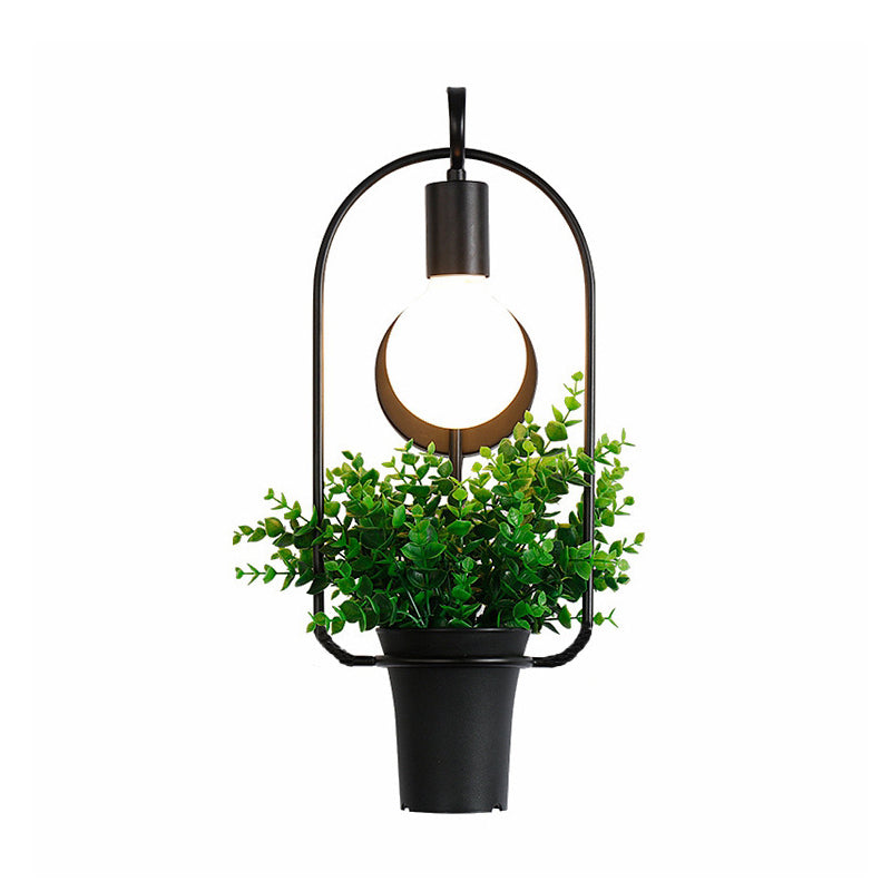 Industrial Metal Potted Plant Sconce With Led Bulb - Black Wall Lighting For Restaurants