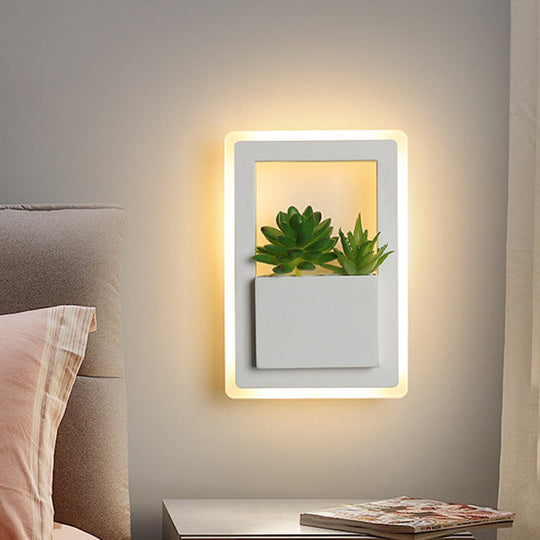 Minimalist White Led Wall Sconce With Acrylic Rectangle Design And Plant Decoration For Bedroom -