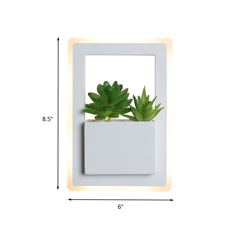 Minimalist White Led Wall Sconce With Acrylic Rectangle Design And Plant Decoration For Bedroom -