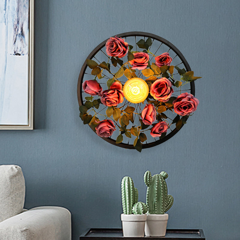 Vintage Wheel Wall Mount Led Rose Sconce Light In Black For Restaurants