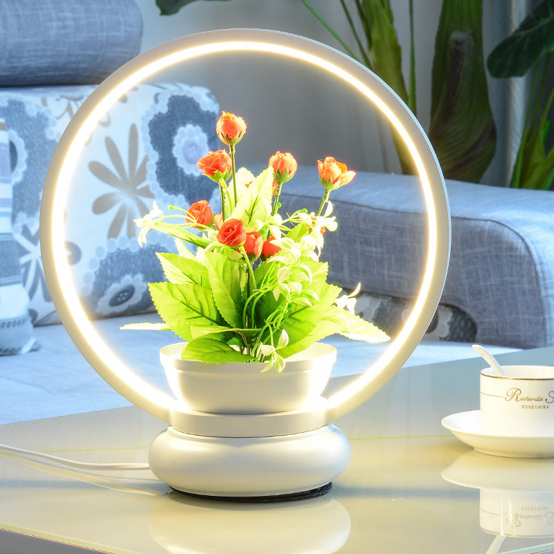 Stylish Metal Led Night Lamp With Plant Decoration - Round/Square Shape Warm/White Light For Bedroom