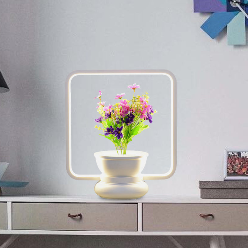 Stylish Metal Led Night Lamp With Plant Decoration - Round/Square Shape Warm/White Light For Bedroom