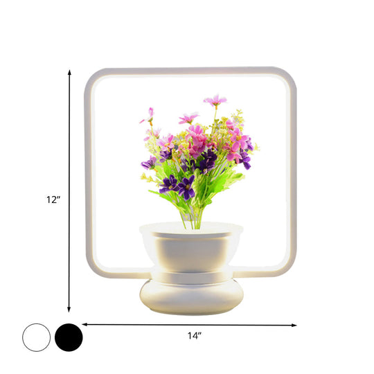 Stylish Metal Led Night Lamp With Plant Decoration - Round/Square Shape Warm/White Light For Bedroom