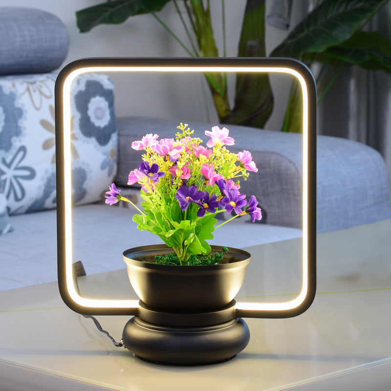 Stylish Metal Led Night Lamp With Plant Decoration - Round/Square Shape Warm/White Light For Bedroom