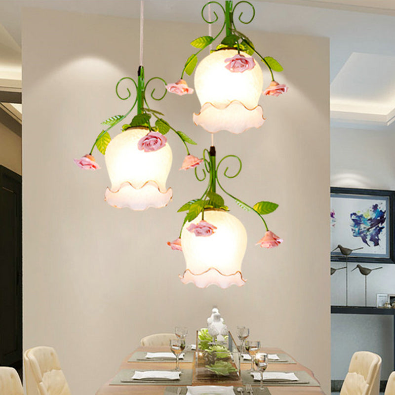 Pastoral 3-Head Pendant Floral White Glass Cluster Light for Dining Room Ceiling