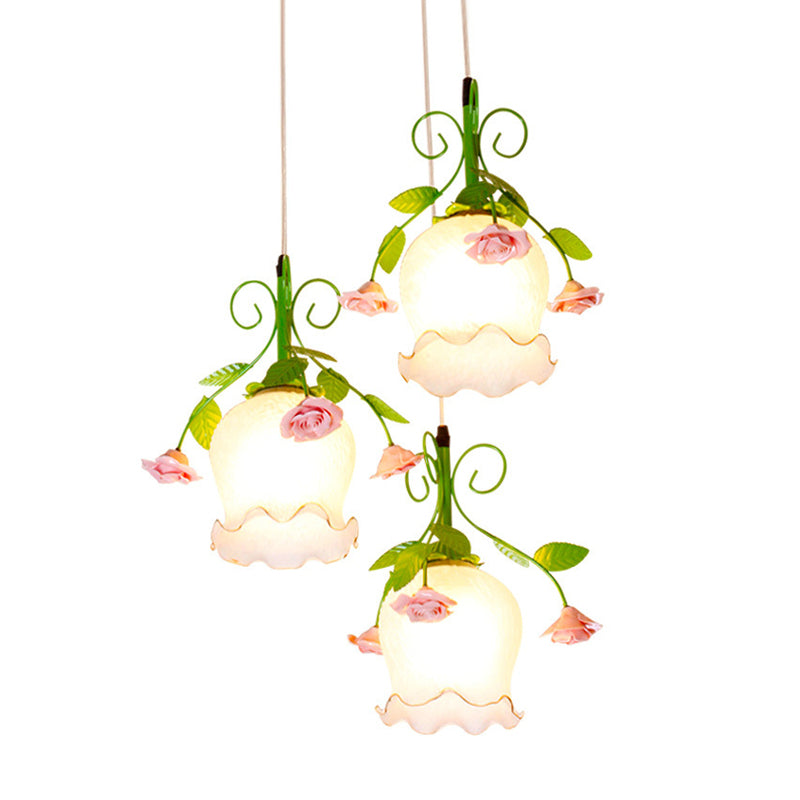 Pastoral 3-Head Pendant Floral White Glass Cluster Light for Dining Room Ceiling