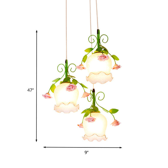 Pastoral 3-Head Pendant Floral White Glass Cluster Light for Dining Room Ceiling