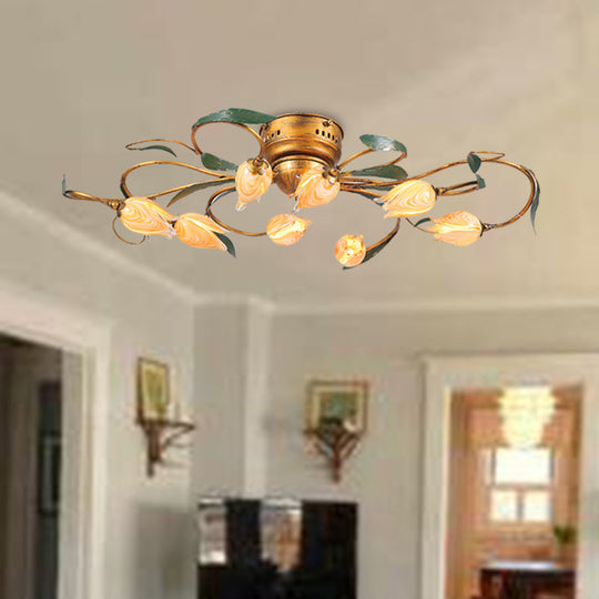 American Garden Bedroom Ceiling Light with 8/15 LED Heads and Frosted Glass in Brass Finish