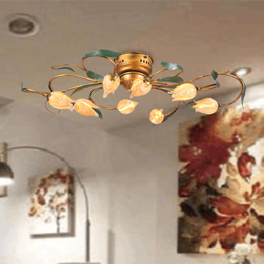 American Garden Bedroom Ceiling Light with 8/15 LED Heads and Frosted Glass in Brass Finish