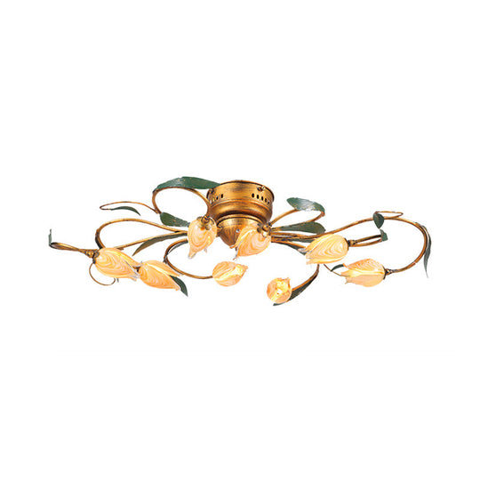 American Garden Bedroom Ceiling Light with 8/15 LED Heads and Frosted Glass in Brass Finish