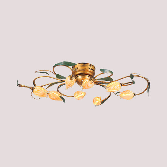 American Garden Bedroom Ceiling Light with 8/15 LED Heads and Frosted Glass in Brass Finish