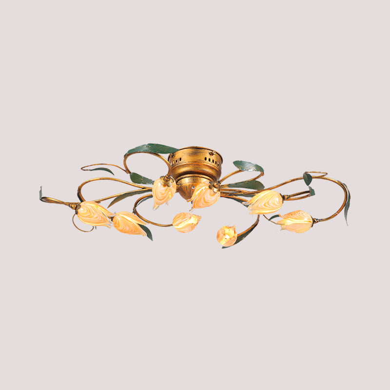 American Garden Bedroom Ceiling Light With 8/15 Led Heads And Frosted Glass In Brass Finish