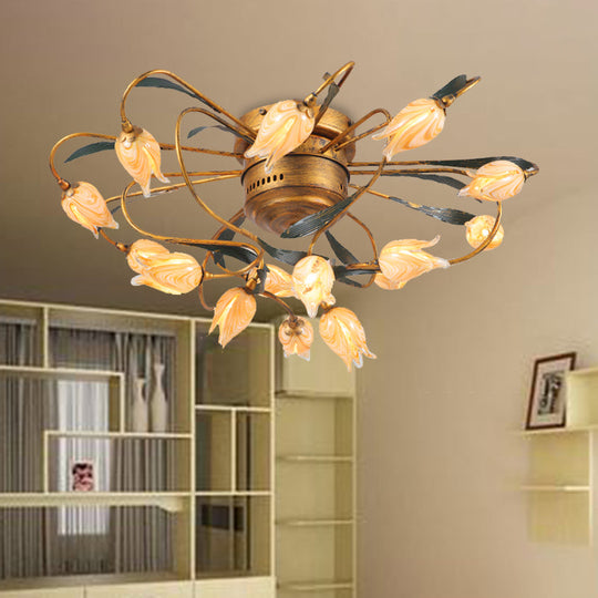 American Garden Bedroom Ceiling Light with 8/15 LED Heads and Frosted Glass in Brass Finish