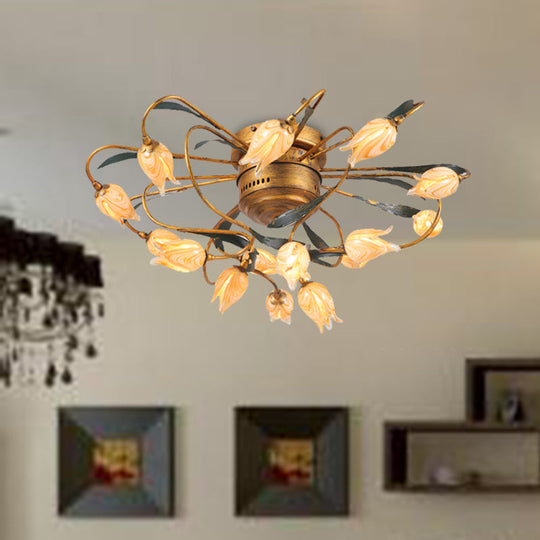 American Garden Bedroom Ceiling Light with 8/15 LED Heads and Frosted Glass in Brass Finish