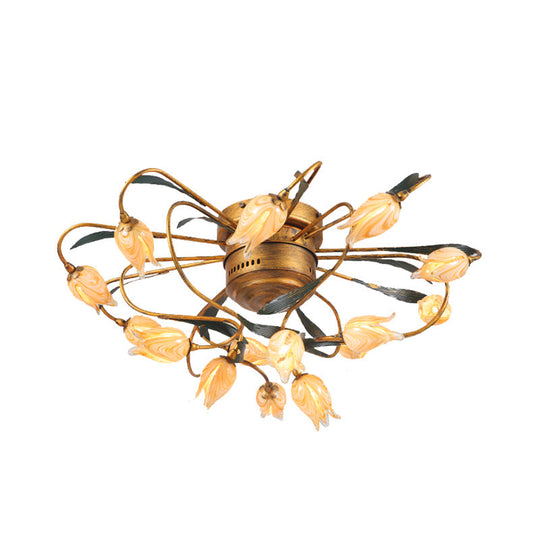 American Garden Bedroom Ceiling Light with 8/15 LED Heads and Frosted Glass in Brass Finish