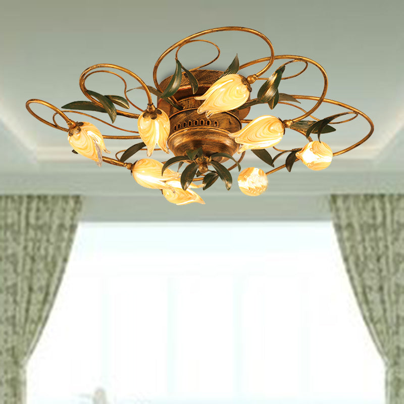 American Garden Bedroom Ceiling Light with 8/15 LED Heads and Frosted Glass in Brass Finish