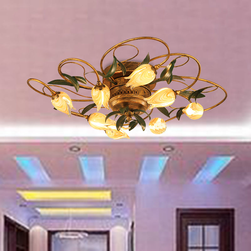 American Garden Bedroom Ceiling Light with 8/15 LED Heads and Frosted Glass in Brass Finish