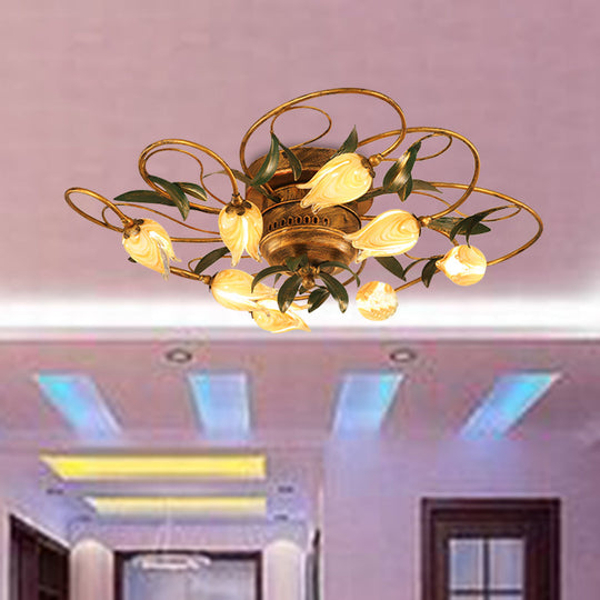 American Garden Bedroom Ceiling Light With 8/15 Led Heads And Frosted Glass In Brass Finish