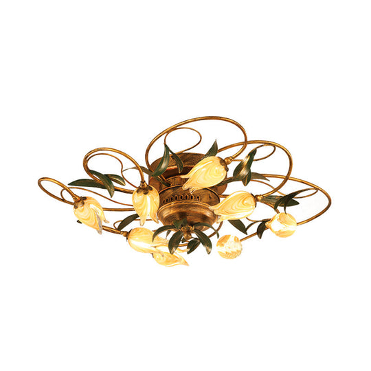 American Garden Bedroom Ceiling Light with 8/15 LED Heads and Frosted Glass in Brass Finish