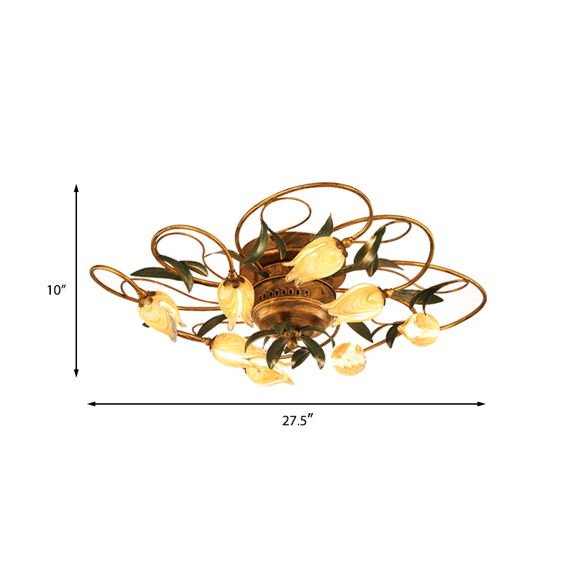 American Garden Bedroom Ceiling Light with 8/15 LED Heads and Frosted Glass in Brass Finish