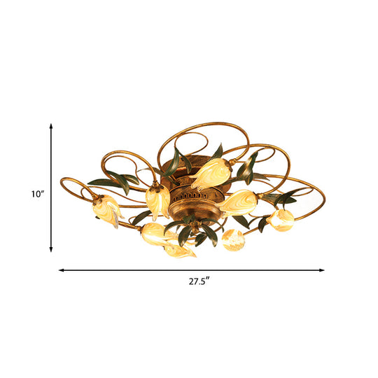 American Garden Bedroom Ceiling Light with 8/15 LED Heads and Frosted Glass in Brass Finish