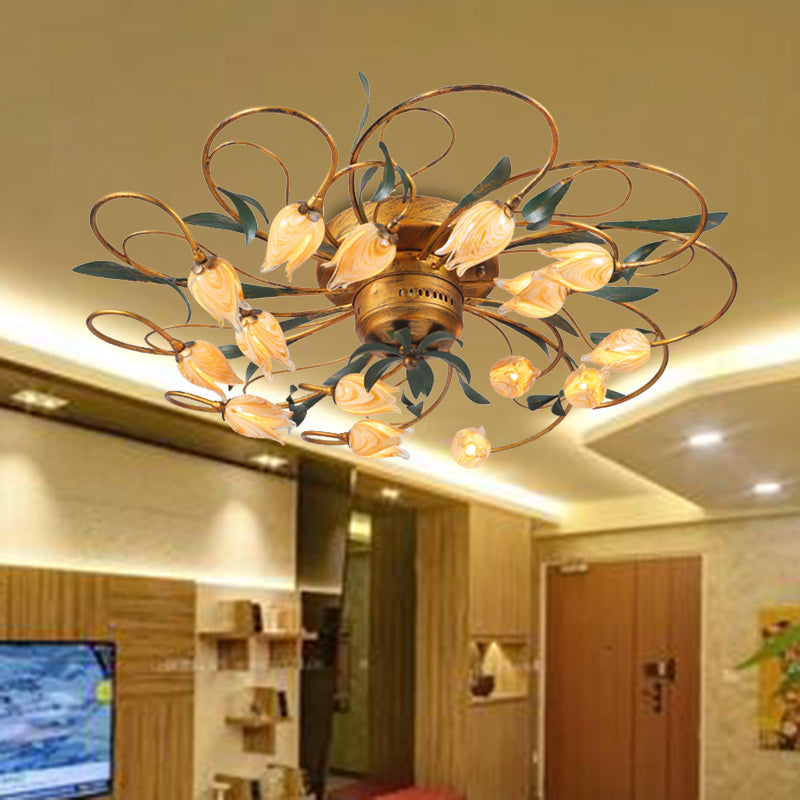 American Garden Bedroom Ceiling Light with 8/15 LED Heads and Frosted Glass in Brass Finish