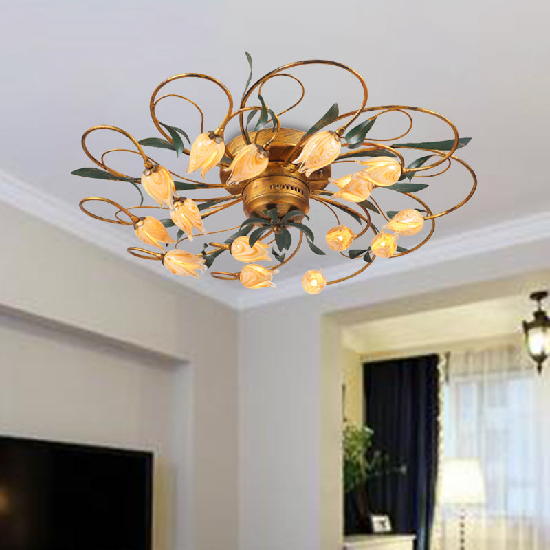 American Garden Bedroom Ceiling Light with 8/15 LED Heads and Frosted Glass in Brass Finish