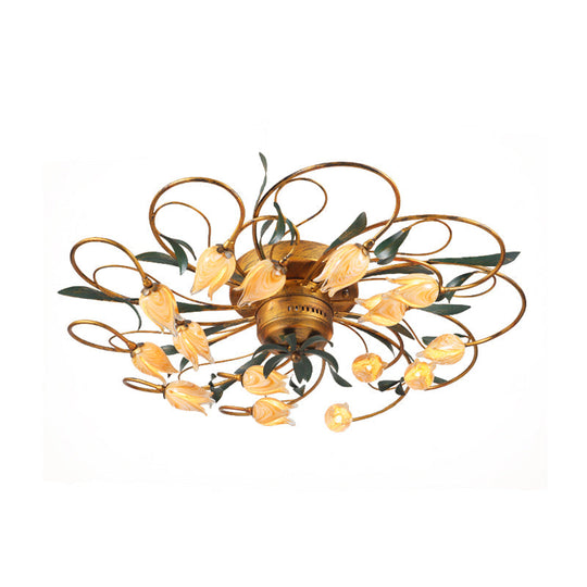 American Garden Bedroom Ceiling Light with 8/15 LED Heads and Frosted Glass in Brass Finish