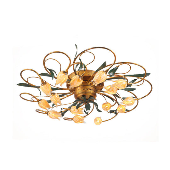 American Garden Bedroom Ceiling Light With 8/15 Led Heads And Frosted Glass In Brass Finish