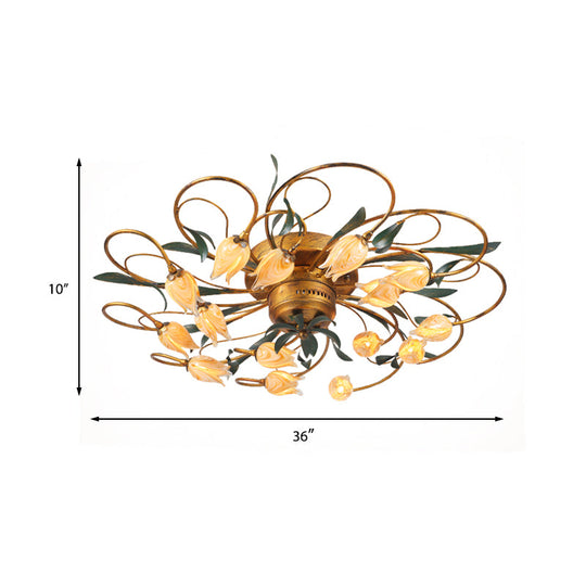 American Garden Bedroom Ceiling Light with 8/15 LED Heads and Frosted Glass in Brass Finish