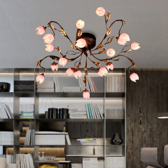 Metal Dark Brown Lotus Semi Flush LED Ceiling Lamp - Ideal for Study Room - 20 Bulbs - American Garden