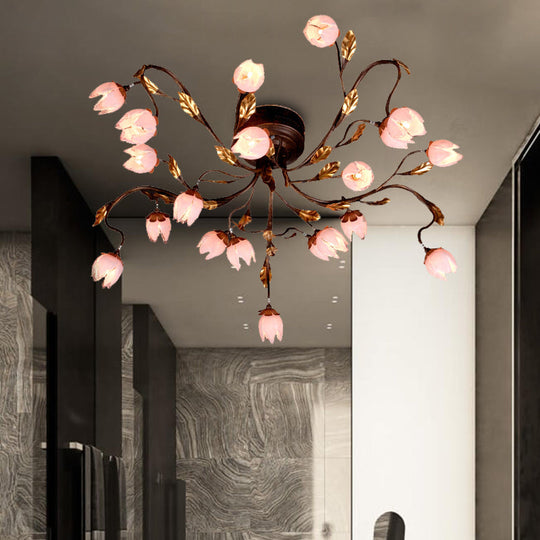 Metal Dark Brown Lotus Semi Flush LED Ceiling Lamp - Ideal for Study Room - 20 Bulbs - American Garden