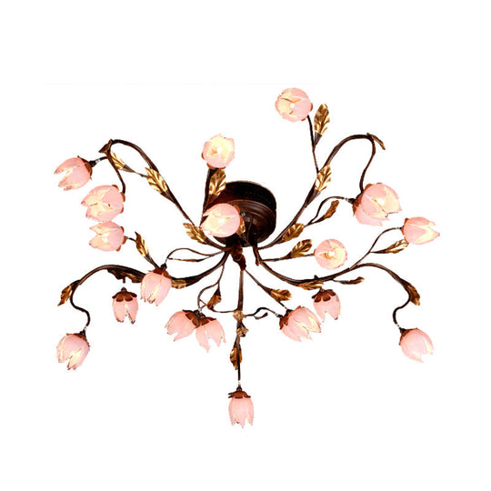 Metal Dark Brown Lotus Semi Flush LED Ceiling Lamp - Ideal for Study Room - 20 Bulbs - American Garden