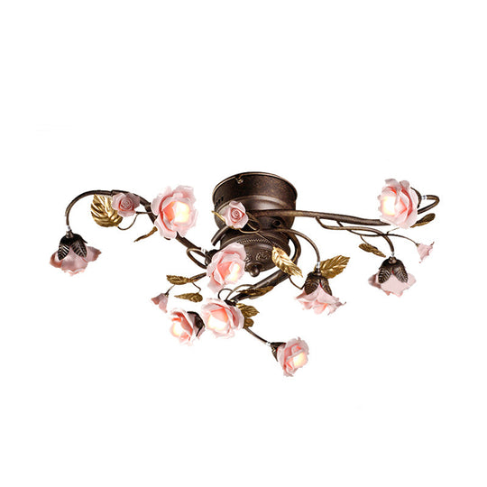 Rustic Metal Led Semi-Mount Ceiling Light With Rose Design - 9/12/20 Dark Brown Heads