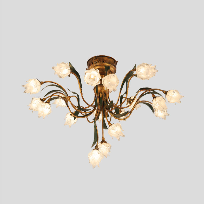 Romantic Pastoral Brass Bloom Semi Flush Light - 19 Bulb LED Close to Ceiling Lamp