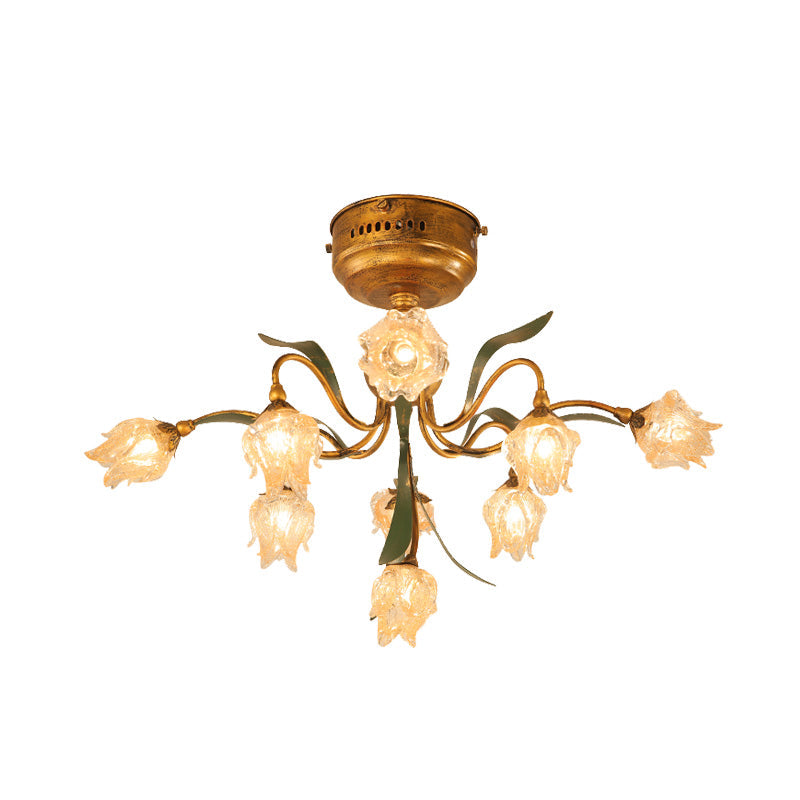 Romantic Pastoral Living Room LED Ceiling Lamp with Flower Frosted Glass in Brass - Brass 9-Head Semi Flush Mount