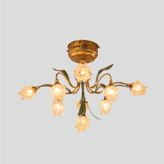 Romantic Pastoral Living Room LED Ceiling Lamp with Flower Frosted Glass in Brass - Brass 9-Head Semi Flush Mount