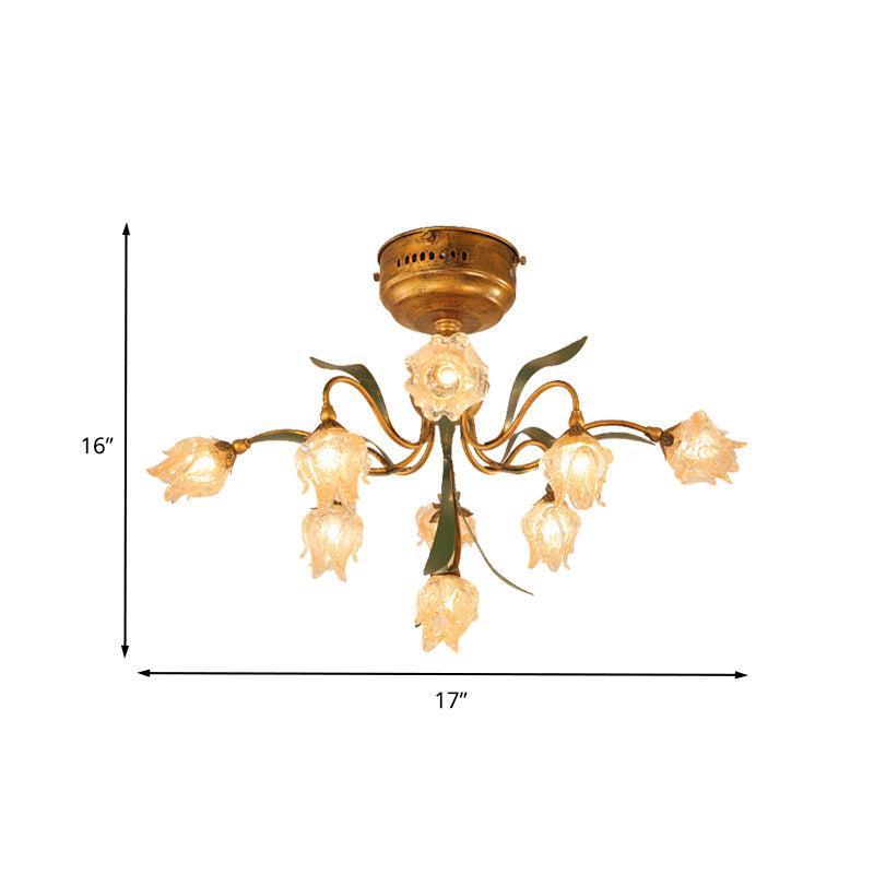 Romantic Pastoral Living Room LED Ceiling Lamp with Flower Frosted Glass in Brass - Brass 9-Head Semi Flush Mount