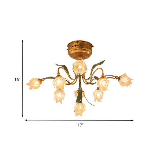 Romantic Pastoral Living Room LED Ceiling Lamp with Flower Frosted Glass in Brass - Brass 9-Head Semi Flush Mount