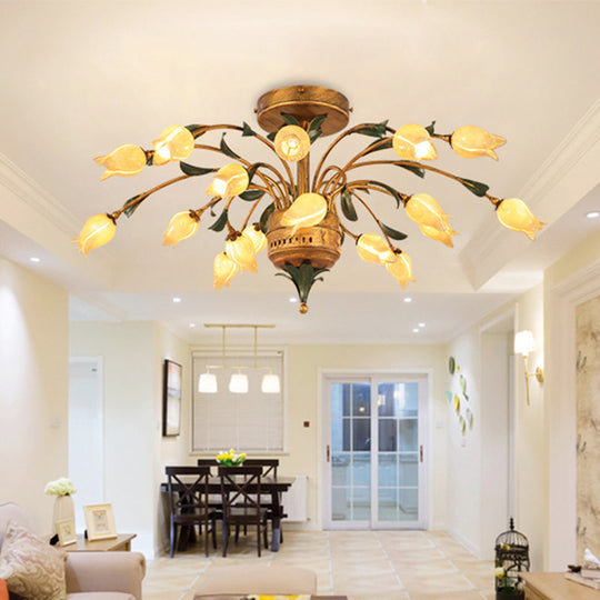 Pastoral Style Tulip Ceiling Lamp with 18 Brass LED Bulbs for Living Room Semi Flush Mount Lighting