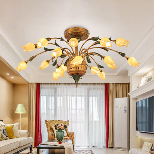 Pastoral Style Tulip Ceiling Lamp with 18 Brass LED Bulbs for Living Room Semi Flush Mount Lighting