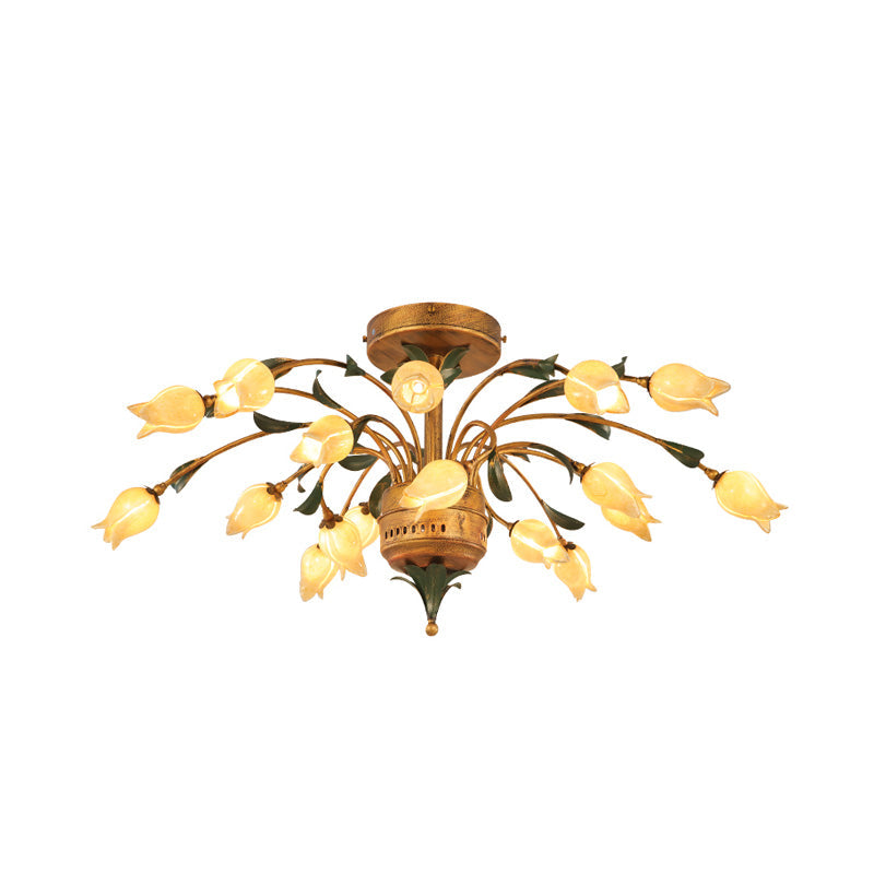 Pastoral Style Tulip Ceiling Lamp with 18 Brass LED Bulbs for Living Room Semi Flush Mount Lighting