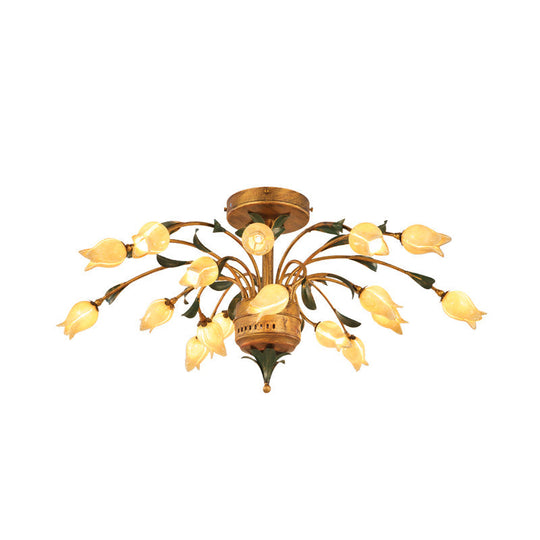 Pastoral Style Tulip Ceiling Lamp with 18 Brass LED Bulbs for Living Room Semi Flush Mount Lighting